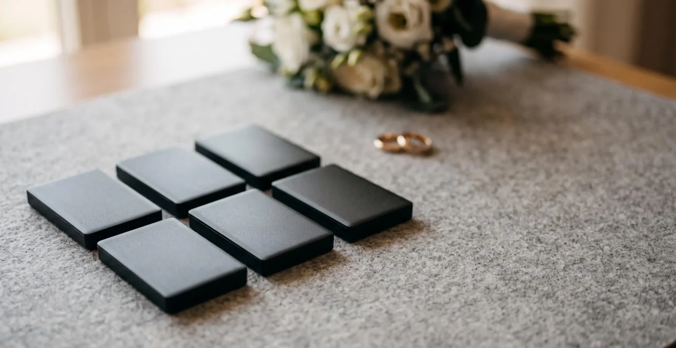 Multiple unbranded storage drives arranged in a symbolic redundant grid representing a bulletproof wedding photo backup system