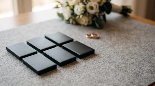 Multiple unbranded storage drives arranged in a symbolic redundant grid representing a bulletproof wedding photo backup system