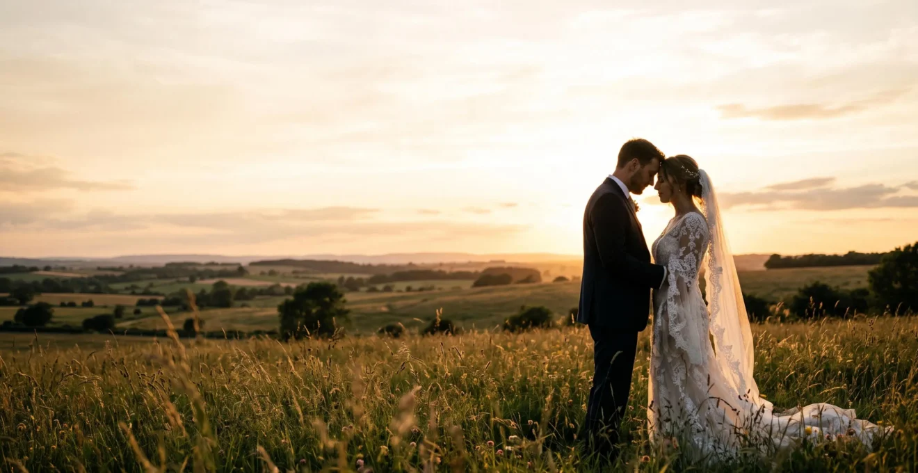 Bride and groom embracing in silhouette against a warm golden hour sky, wide editorial wedding photograph