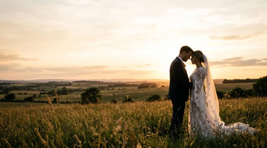 Bride and groom embracing in silhouette against a warm golden hour sky, wide editorial wedding photograph