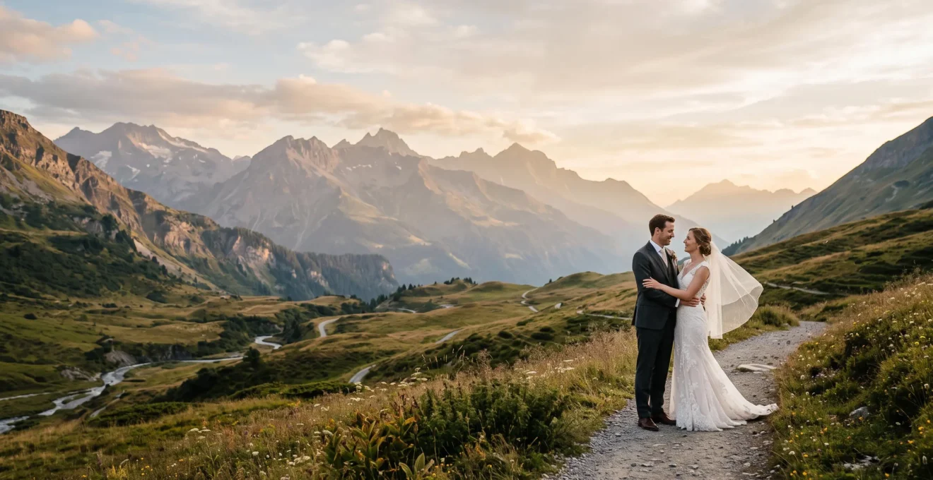 Wedding couple standing in a vast golden valley landscape, softly lit at golden hour, composed with rule of thirds