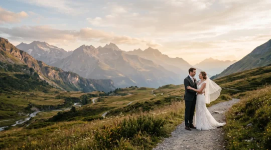 Wedding couple standing in a vast golden valley landscape, softly lit at golden hour, composed with rule of thirds