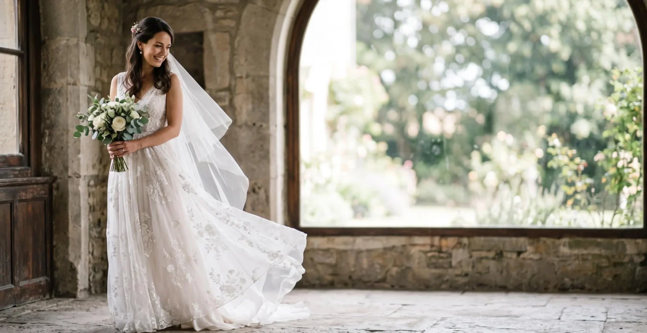Bride in a flowing gown standing in soft natural light, captured in a timeless editorial-style wedding portrait