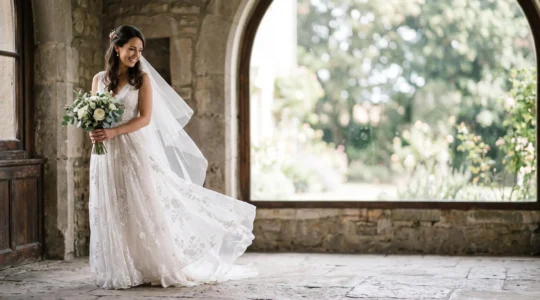 Bride in a flowing gown standing in soft natural light, captured in a timeless editorial-style wedding portrait