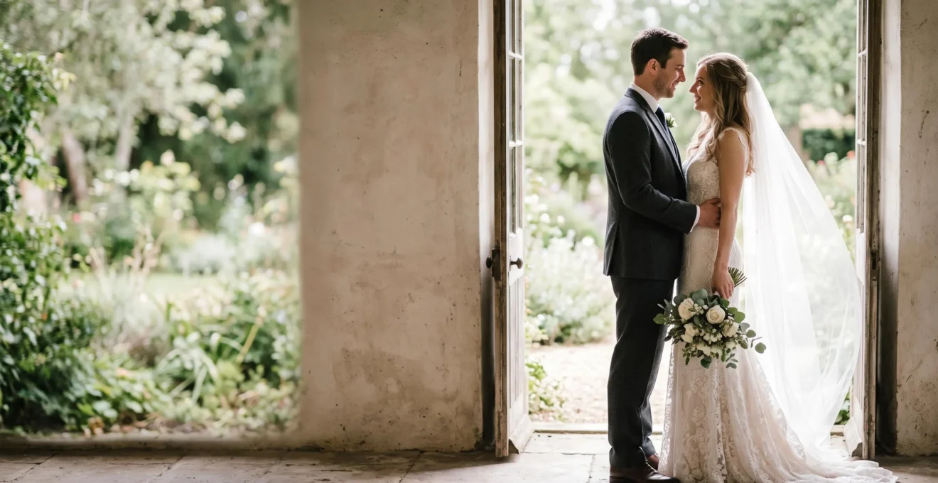 Editorial wide shot of a bride and groom bathed in soft diffused golden-hour light, emphasizing gentle skin glow and romantic atmosphere