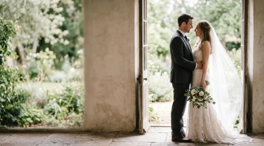 Editorial wide shot of a bride and groom bathed in soft diffused golden-hour light, emphasizing gentle skin glow and romantic atmosphere