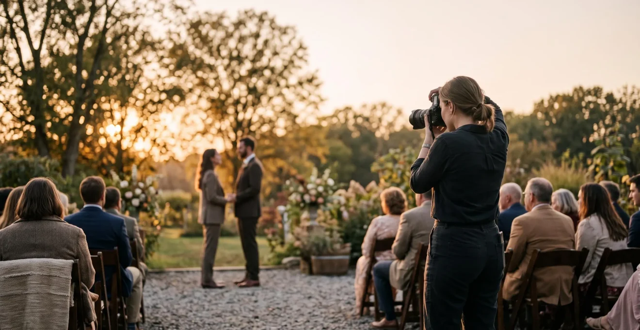 A wedding photographer captured mid-motion at the edge of a ceremony, observing a fleeting emotional exchange between a couple bathed in soft natural light