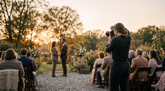A wedding photographer captured mid-motion at the edge of a ceremony, observing a fleeting emotional exchange between a couple bathed in soft natural light
