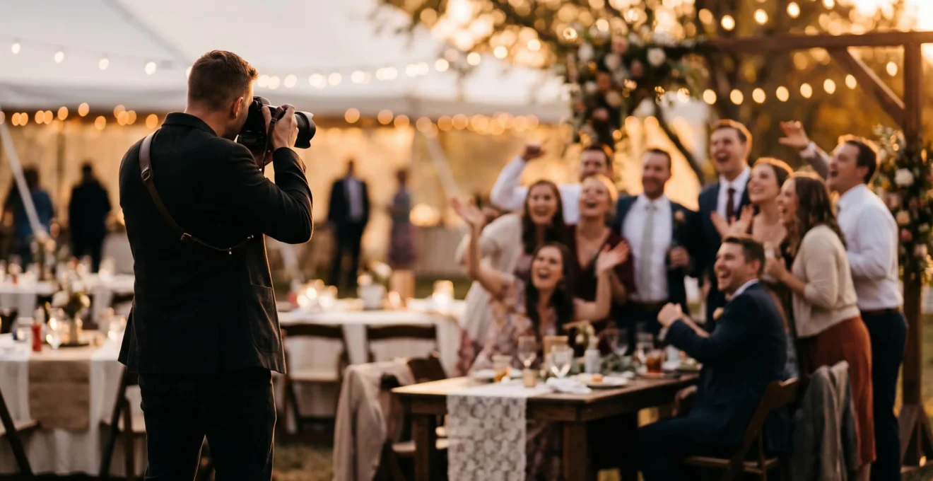 A wedding photographer captured in a split-second of anticipation, lens raised just as an unscripted emotional reaction begins to unfold among guests in soft natural light