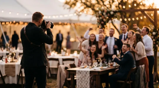 A wedding photographer captured in a split-second of anticipation, lens raised just as an unscripted emotional reaction begins to unfold among guests in soft natural light
