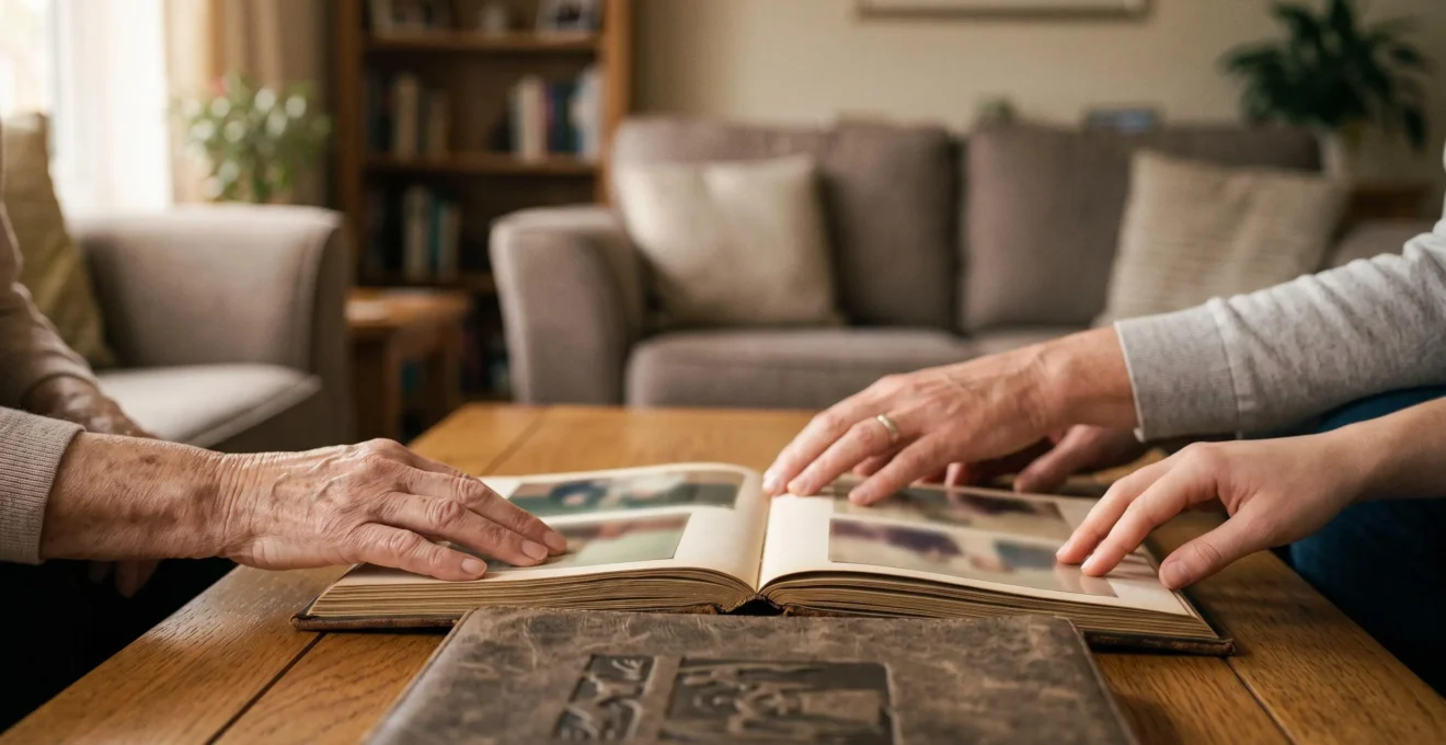 Three generations of a family gently touching the pages of a leather-bound wedding album on a wooden table