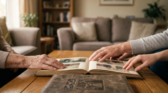 Three generations of a family gently touching the pages of a leather-bound wedding album on a wooden table