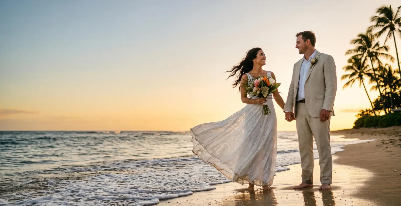 Couple embracing on a tropical beach at golden hour with soft ocean light and negative space for editorial layout