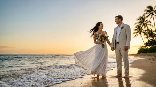Couple embracing on a tropical beach at golden hour with soft ocean light and negative space for editorial layout