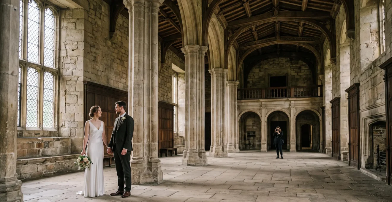 Wedding couple standing in the soft natural light of a grand historic British manor hall, photographed respectfully without flash equipment