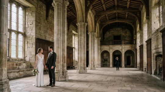 Wedding couple standing in the soft natural light of a grand historic British manor hall, photographed respectfully without flash equipment