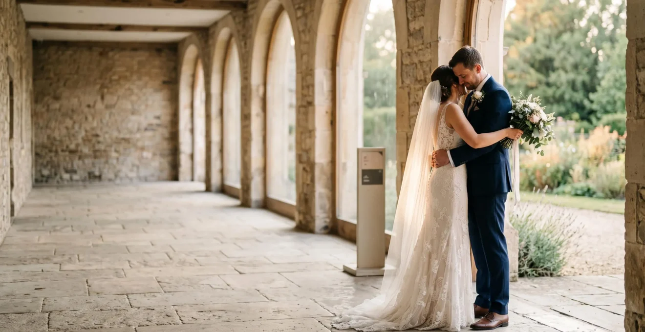 Wide editorial photograph of a wedding couple embracing off-center in a sunlit venue, composed using the rule of thirds with vast negative space