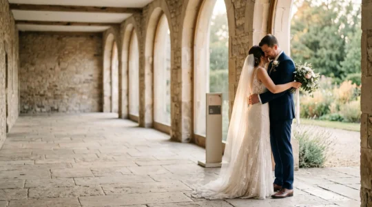 Wide editorial photograph of a wedding couple embracing off-center in a sunlit venue, composed using the rule of thirds with vast negative space