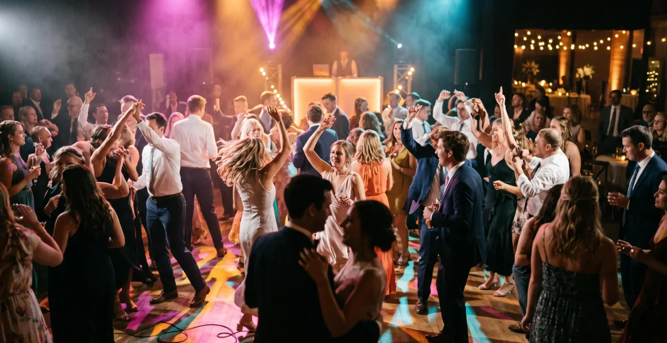 Wide editorial shot of a wedding reception dance floor filled with guests dancing under colorful lights, capturing collective energy and motion