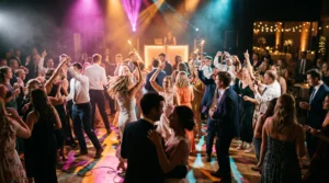 Wide editorial shot of a wedding reception dance floor filled with guests dancing under colorful lights, capturing collective energy and motion