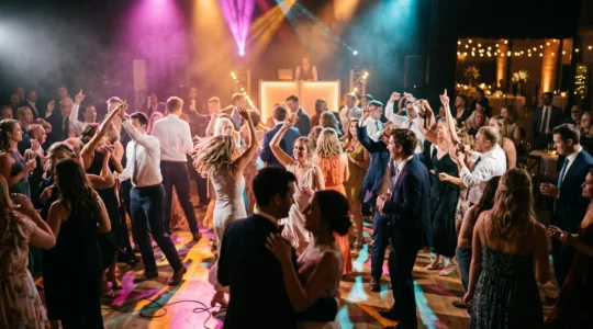 Wide editorial shot of a wedding reception dance floor filled with guests dancing under colorful lights, capturing collective energy and motion