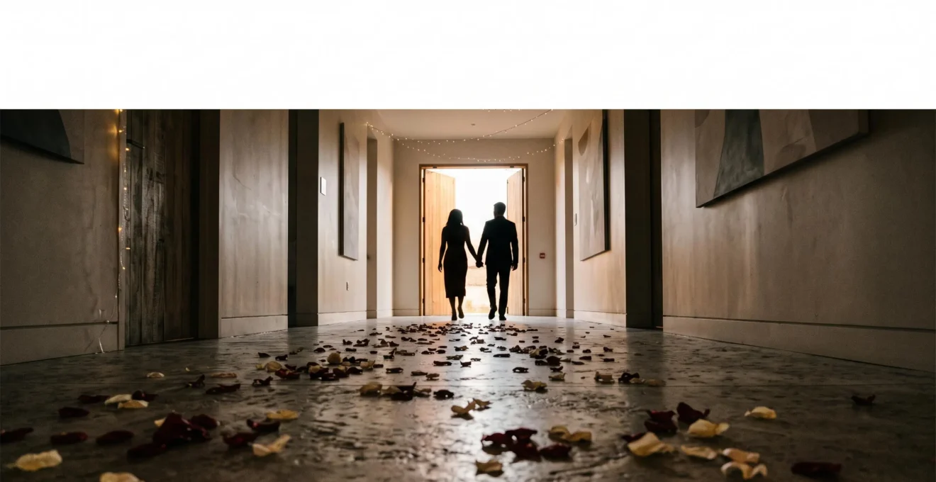 A wide editorial photograph symbolizing the full emotional arc of a wedding day, from quiet preparation to a joyful departure into the night