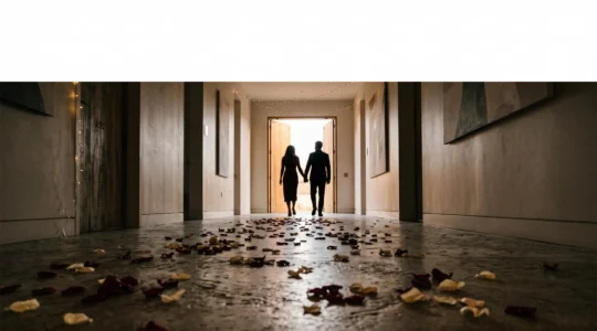 A wide editorial photograph symbolizing the full emotional arc of a wedding day, from quiet preparation to a joyful departure into the night