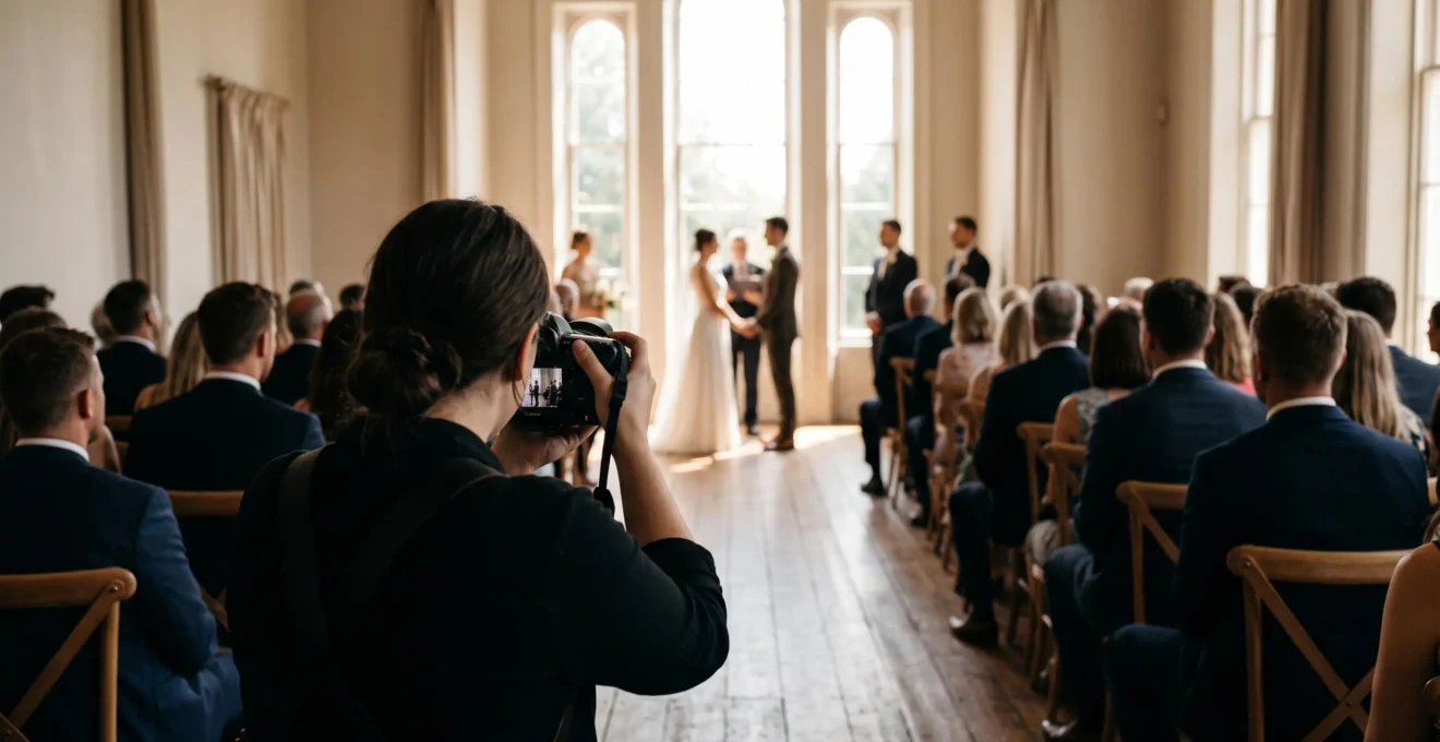 A wedding photographer discreetly documenting an emotional ceremony moment bathed in natural light