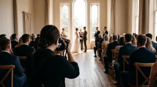A wedding photographer discreetly documenting an emotional ceremony moment bathed in natural light