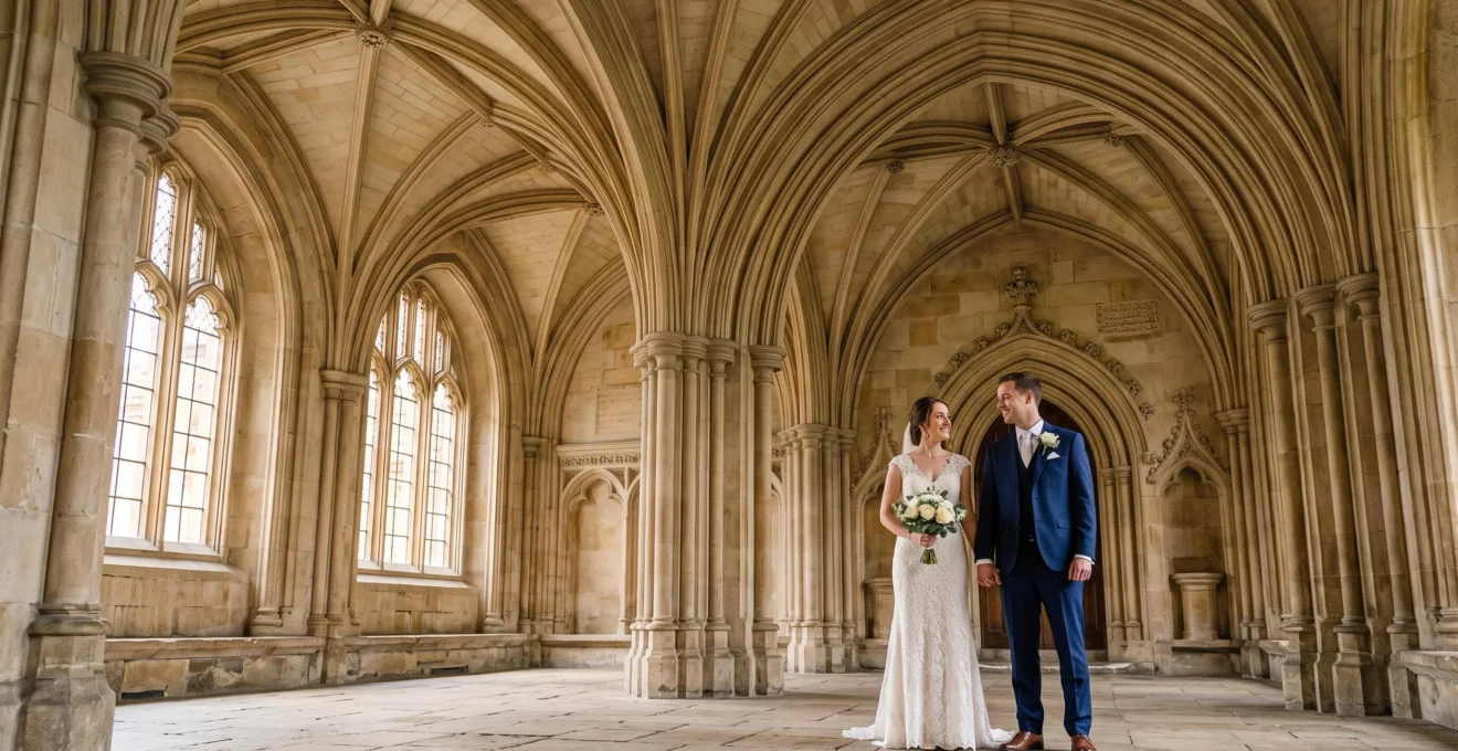 Wedding couple standing beneath the grand vaulted ceiling of a historic venue, captured with a wide-angle lens to show scale