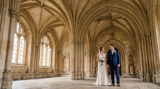 Wedding couple standing beneath the grand vaulted ceiling of a historic venue, captured with a wide-angle lens to show scale